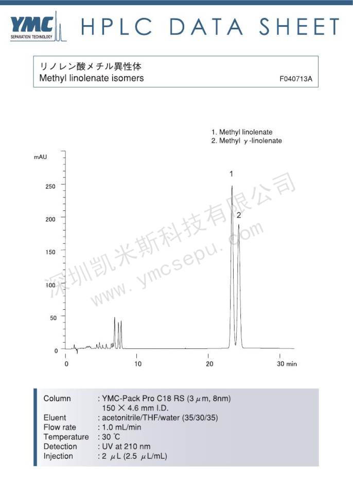亚麻酸甲酯与γ-亚麻酸甲酯分离的液相色谱图